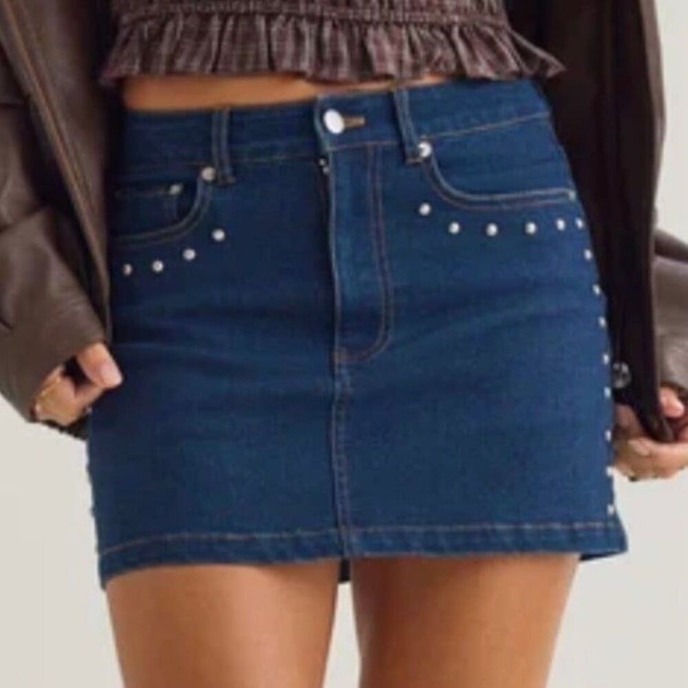 Altar’d State Studded Denim Mini Skirt Dark Wash NWOT Size Small